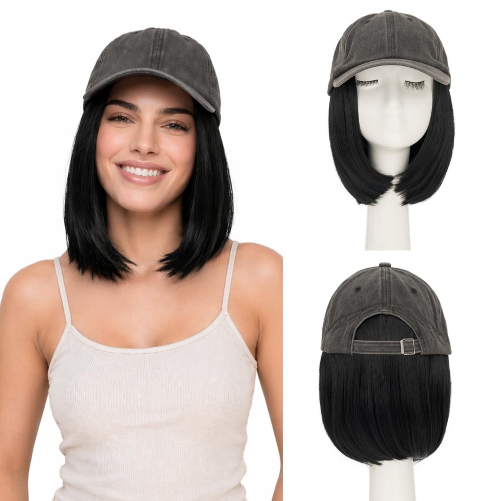 SEGO Pro Blackish Gray Hat Wig, Baseball Cap with Hair Attached for Women, 6" Hat Wig with Heat Resistant Synthetic Hair Extensions, for Daily Wear, Busy Mornings- Straight, Jet Black