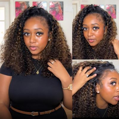 Wavymy Original Half Wig Human Hair Wig Glueless Upgrade 3 In 1 Drawstring Seamless Clip Ins Flip Over Water Wave Human Hair Wig Highlights 1B/30 Half Wigs For Black Women 180 Density 18 Inch