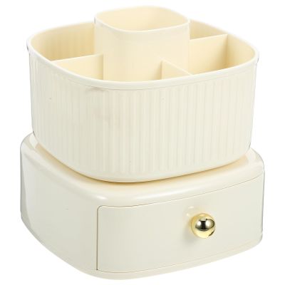 Operitacx Rotating Makeup Brush Holder and Pen Organizer Dual-layer Cosmetic Storage Cup for Vanity Table Desk, Cream White Desktop Brush and Pencil Holder for Home and Office