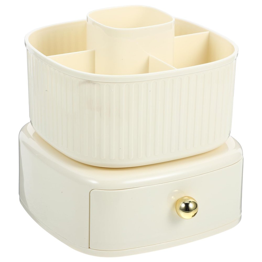 Operitacx Rotating Makeup Brush Holder and Pen Organizer Dual-layer Cosmetic Storage Cup for Vanity Table Desk, Cream White Desktop Brush and Pencil Holder for Home and Office