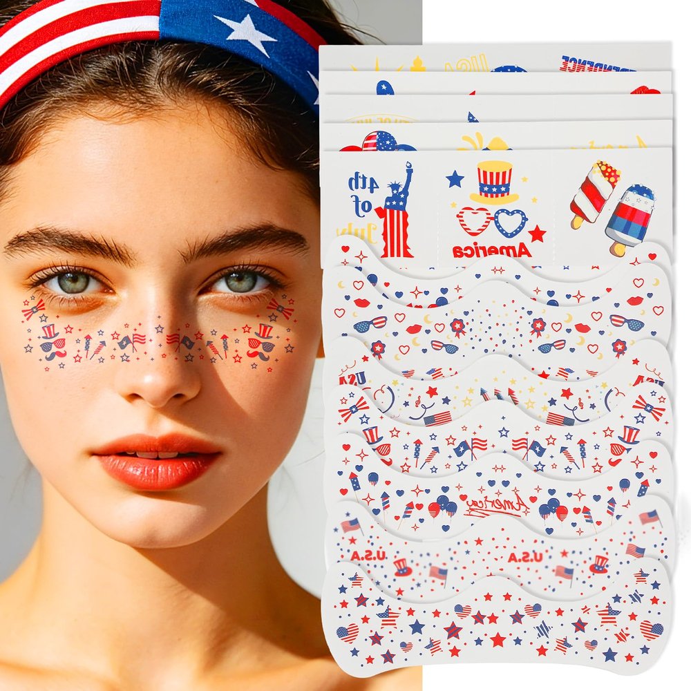 4th of July Face Glitter Freckles, 12 PCS Red White and Blue Patriotic Temporary Freckle Sticker Waterproof Sparkle Face Patches for Women Independence Day Party Makeup Baseball Softball Players