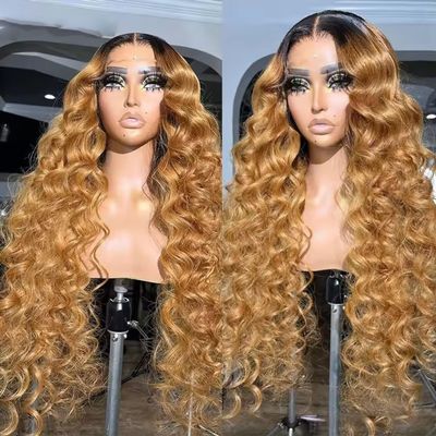 oulaer Ombre Honey Blonde 13x6 HD Transparent Lace Frontal Wigs 1B/27 Loose Deep Wave Human Hair Wig Curly For Women Pre Plucked Brazilian Remy Hair Bleached Knots 150% Density 26Inch