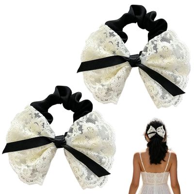 Tinsparkwin 2 Pack Lace Bow Hair Ties Silk Scrunchies For Thick Hair Elastic Hair Ties oversized scrunchies for Yoga Work French Romantic(White, 2 Packs)