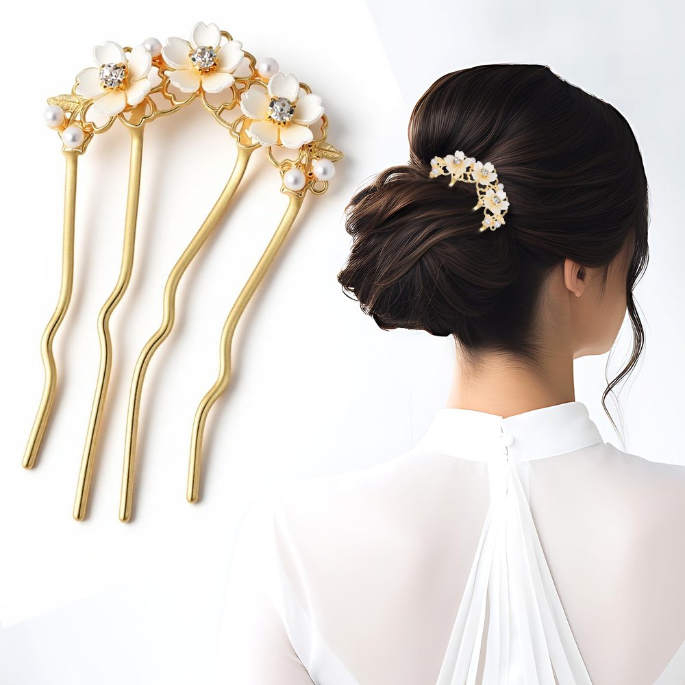 2 Pcs Hair Pins Decorative French Hair Pin Bun Pins Pearl Flower Hairs Clips for Women U-Shaped Gold Metal Bun Flower Hairclips Maker Wedding Hairs Accessories for Women Brides Bridesmaids