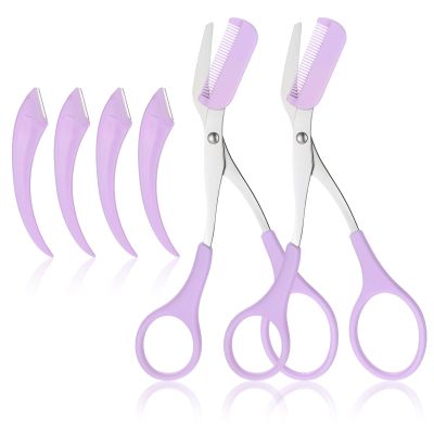 6 PCS Eyebrow Trimmer Scissor, 2 in 1 Eyebrow Scissors with Comb, Stainless Steel Eyebrows Trimmer, Professional Eyebrows Cutter Hair Removal EyebrowScissors with Razor for Men Women (Purple)