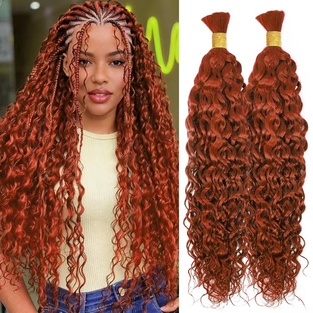 100% Unprocessed Human Hair for Braiding, #350 Ginger Copper Pre-Separated Curly Bulk Hair, 12A Grade Water Boho Braiding Hair Extensions, Real Human Hair for Protective Styles,22 Inch 100g 2 Bundles