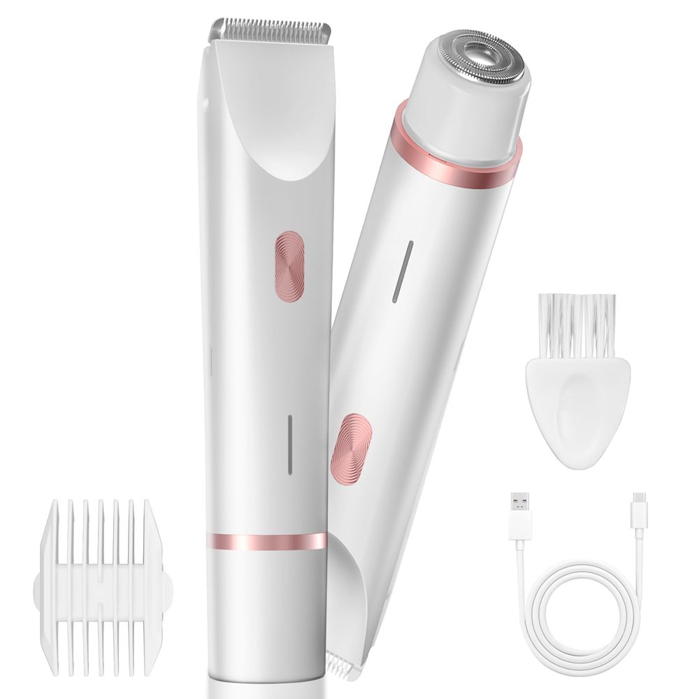 AMURS Bikini Trimmer for Women, Dual-Head Electric Body Hair Trimmer for Sensitive Areas, IP67 Waterproof Rinsable, USB-C Rechargeable Groomer for Bikini Line, Underarms, Legs & Face (White Rose)