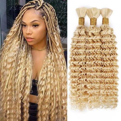 100% Unprocessed Human Hair for Braiding, #613 Platinum Blonde Pre-Separated Curly Bulk Hair, 12A Grade Deep Boho Braiding Hair Extensions,Real Human Hair Ready for Dyeing,16 Inch 150g 3 Bundles