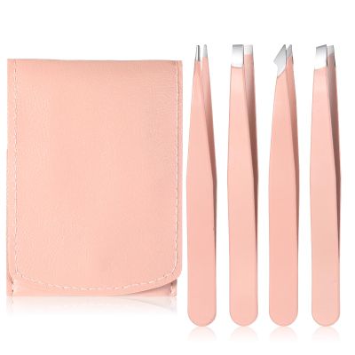 4Pcs Mini Eyebrow Tweezers for Women Small Travel Tweezers Stainless Steel Precision Tweezer Set for Women Men Ingrown Hair Facial Hairs Plucking Removal Comes in Carrying Pouch Professional (Pink)