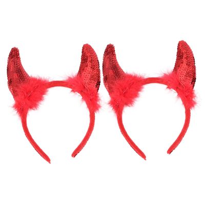 RUNROTOO Devil Horns Headband 2pcs Red Sequins Party Hairband Halloween Costume Decorative Hair Hoop for Women and Teens