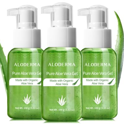 Aloderma Pure Aloe Vera Gel Made within 12 Hours of Harvest with 99% Organic Aloe Vera for Easy Travel Size for Body, Face, & Scalp, Cooling, Soothing Relief for Skin & Sunburn, 3blts