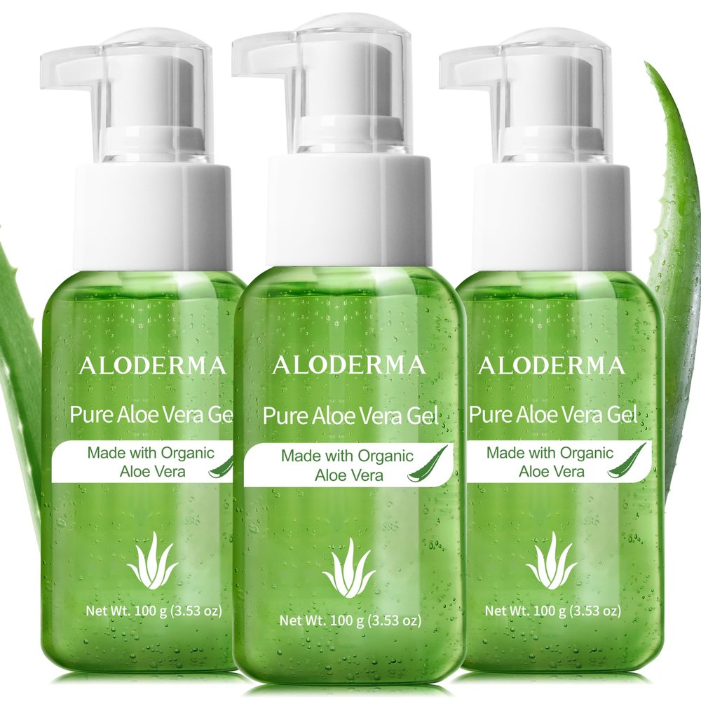 Aloderma Pure Aloe Vera Gel Made within 12 Hours of Harvest with 99% Organic Aloe Vera for Easy Travel Size for Body, Face, & Scalp, Cooling, Soothing Relief for Skin & Sunburn, 3blts