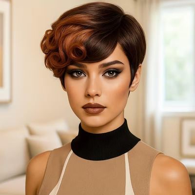 Adette Brazilian Human Hair Short Bob Pixie Cut Wig with Highlights - 180% Density Body Wave Curl, Glueless Rose Net Cap, Full Machine-Made with Bangs for Daily Wear, Cosplay, Parties & Festivals