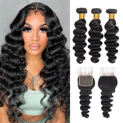 Loose Deep Wave Bundles with 4x4 Free Part Closure 24 26 28+22 inch