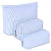 Huhumy 3 Pcs Makeup Bag Set Cute Stripe Cosmetic Pouch for Women Aesthetic Seersucker Travel Toiletry Bag Set Preppy Small Makeup Purse Pouch Cosmetic Organizer Pencil Case with Zipper(Blue) view 1