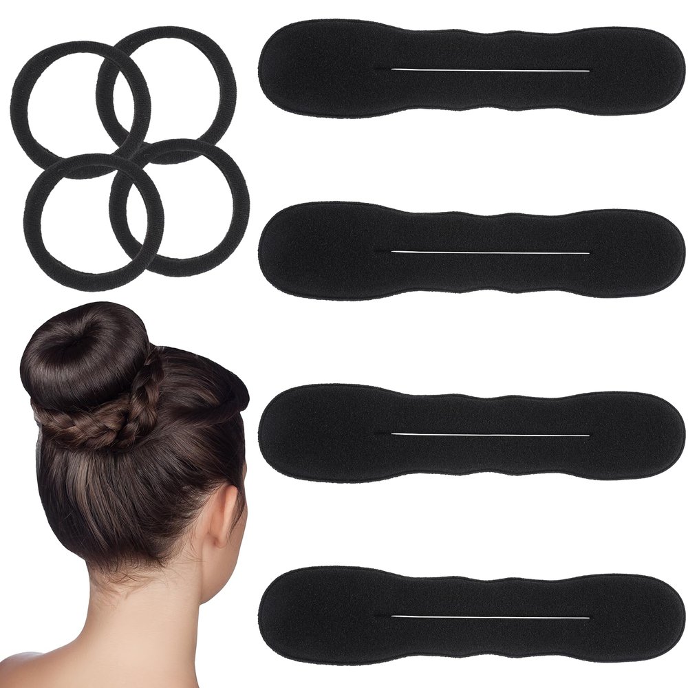 4 Pcs Hair Bun Maker Sponge with Hair Ties Hairs Bun Updo Shaper Magic Snap Roll Sponge Curler Clip Hairs Styling Accessories Easy Donut Maker Twister for Ballet French Twist Long Thin Curly Wavy
