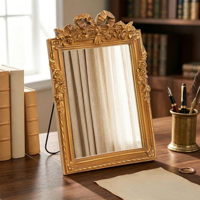 Besdomus Small Vintage Makeup Mirror: 9.5x13.5 Inches Bow Vanity Desk Gold Antique Table Mirror - Small Standing Carved Baroque Traditional Ornate for Bedroom/Vanity Table/Living Room