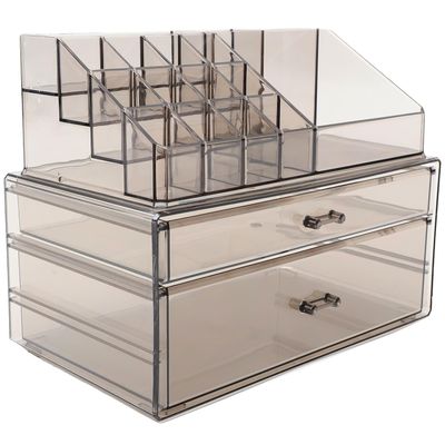 VANZACK Makeup Organizer with Drawers and Multi-compartments, Gray Desktop Cosmetics Storage Box for Perfume and Skincare, Multi-layer Visible Desk Organizer for Bathroom and Vanity Use