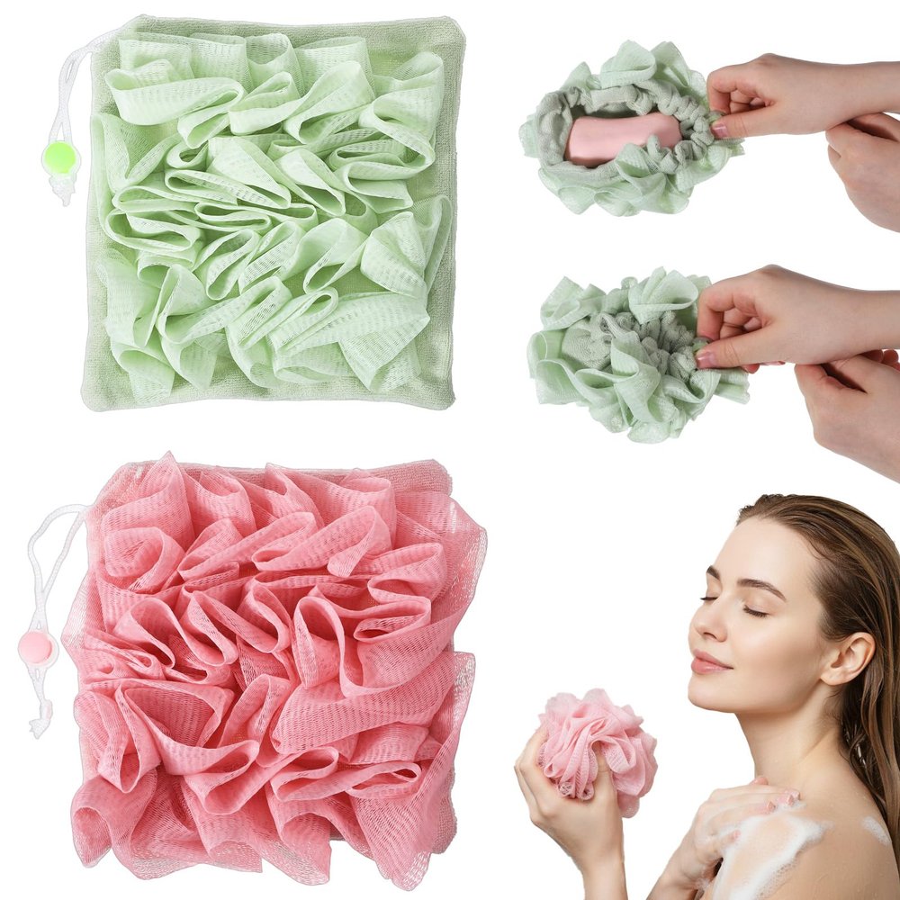 2 Pcs Soap Bar Loofah, 2-in-1 Loofah Washcloth Combo for Bar Soap Reusable Soap Saver Pouch with Drawstring Exfoliating Bath Sponge for Cleansing and Smooth Skin (Pink Green)
