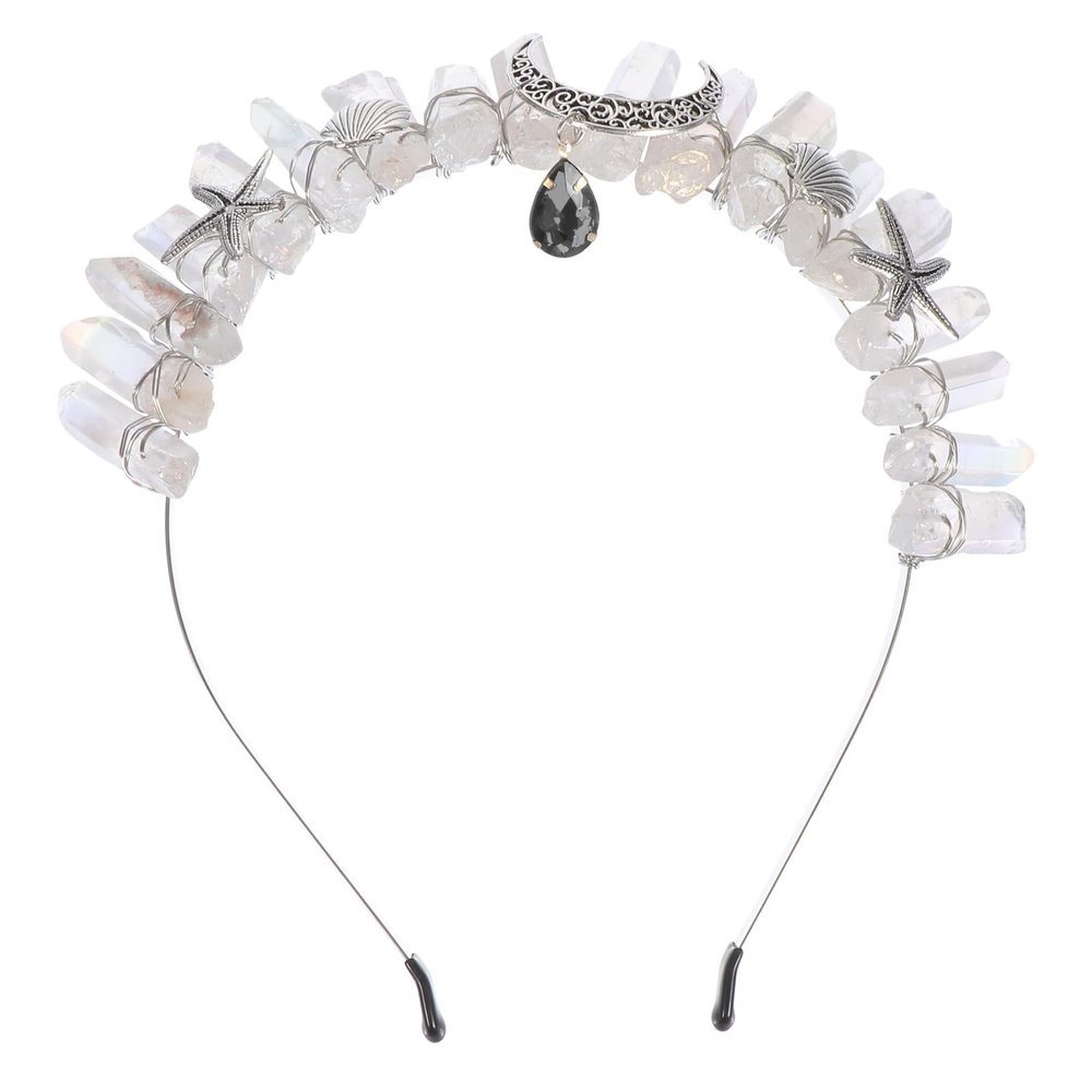 Zerodeko Crystal Pendant Headband with Natural White Sea Star and Moon, Black Delicate Hair Accessory for Womens Wedding and Party Hair Decor