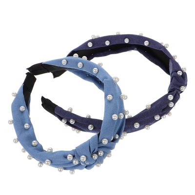 STOBAZA 2pcs Knotted Pearl Headbands for Women, Wide Band Denim Fabric Hair Accessories, Blue Gradient Colors, Stylish Hairbands for Daily Wear and Face Washing