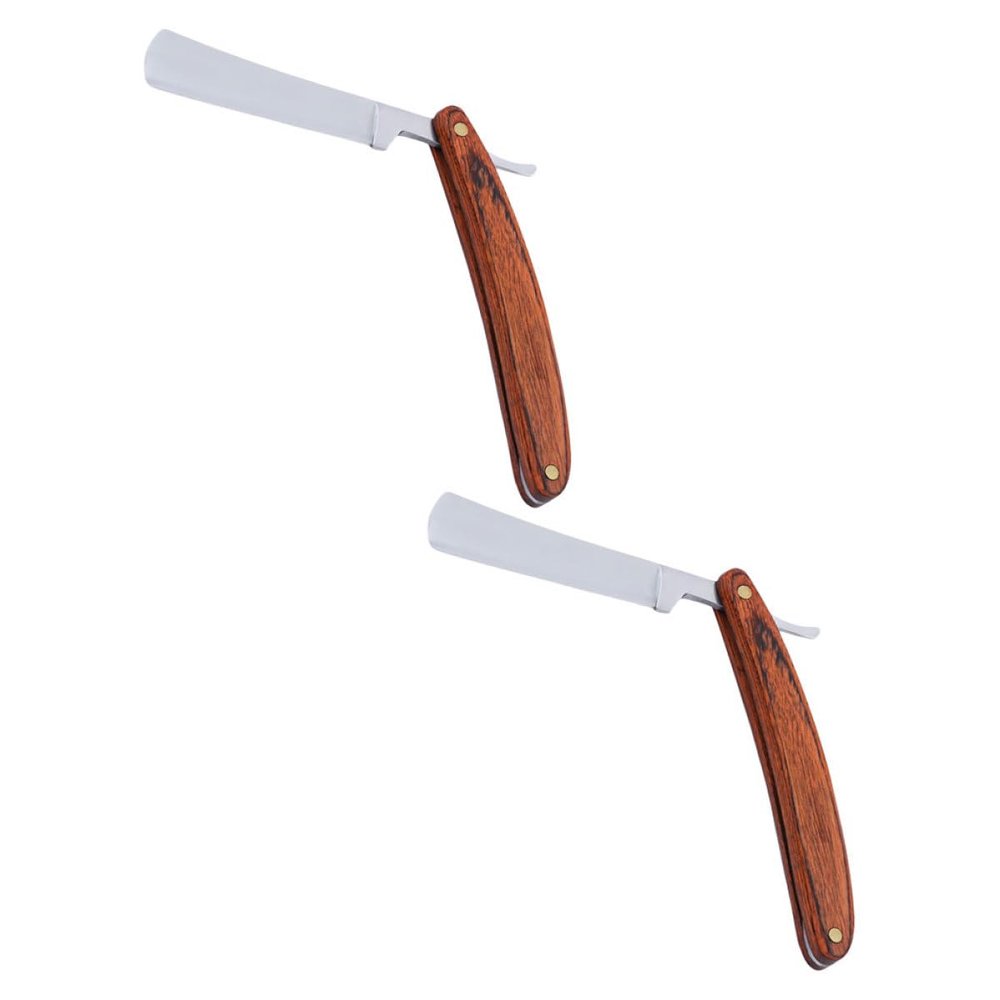 PartyKindom Vintage Wooden Handle Manual Straight Razor 2pcs, Old-fashioned Beard and Mustache Shaver for Men, Professional Hair Salon Shaving Tool