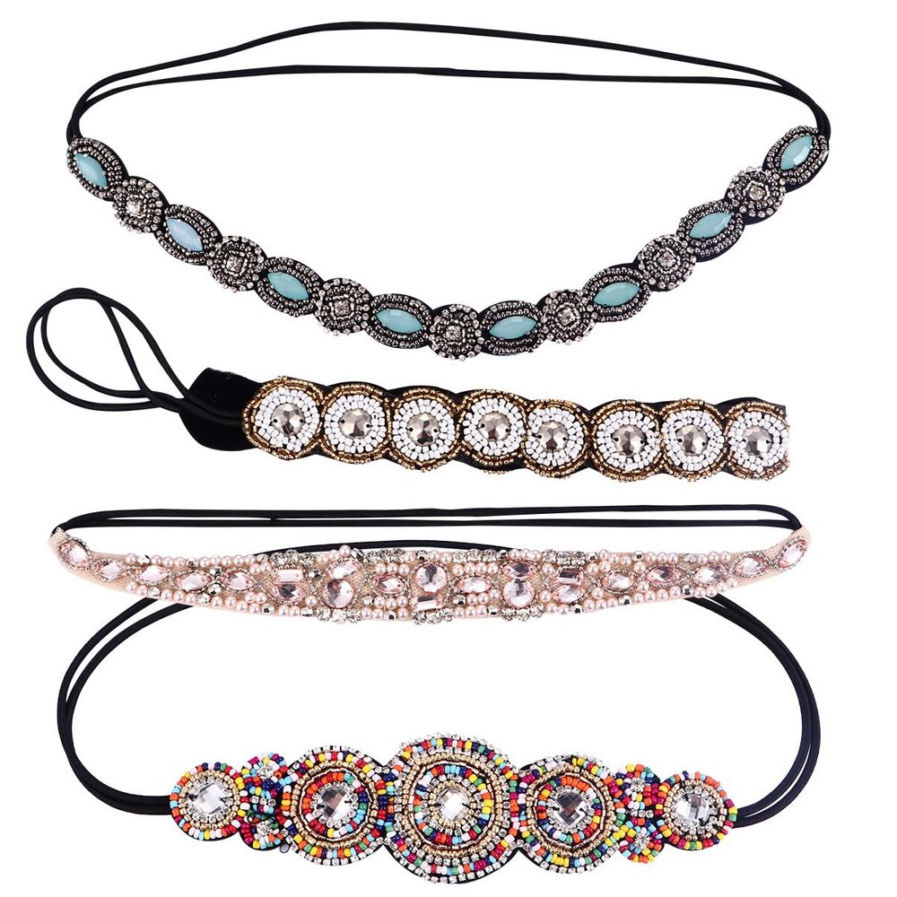 STOBAZA 4pcs Handmade Rhinestone Beads Headbands Set, Crystal Hair Bands with White, Pink, Green, and Designs, Vintage Jewelry Hair Accessories for Womens Party and Daily Wear