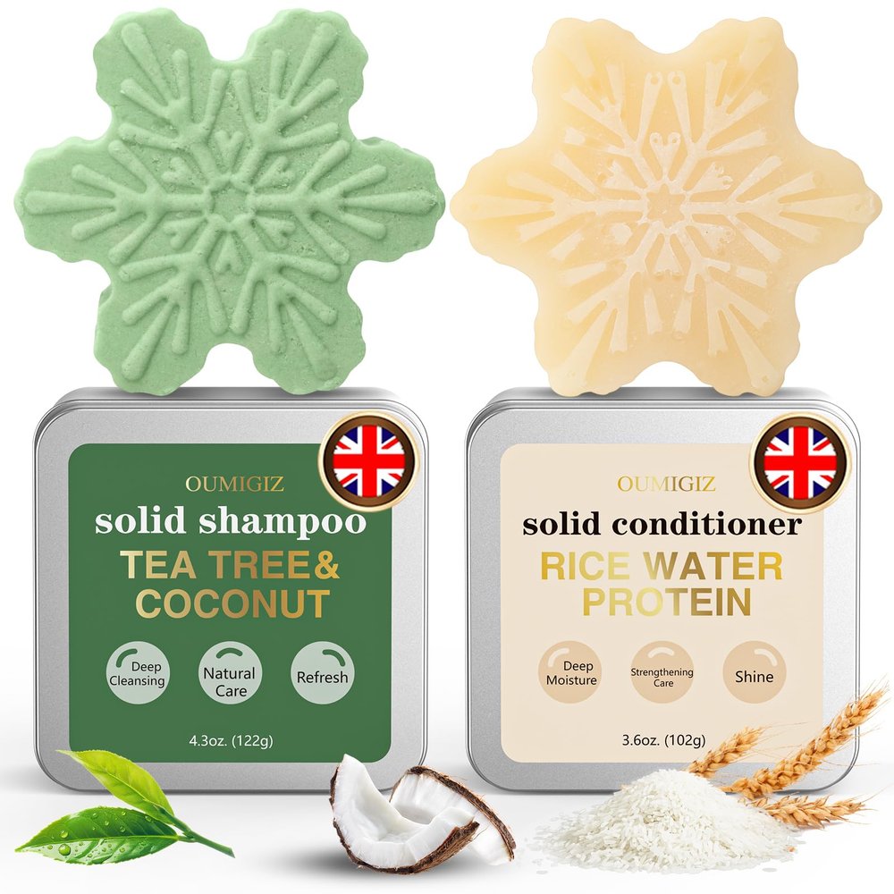 OUMIGIZ Tea Tree Clarifying Shampoo Bar & Rice Water Protein Conditioner Bar, Shampoo Bars and Conditioner Set for Women Men, Paraben, Silicone & Sulfate Free, Hair Care for All Hair Types - 2 pack