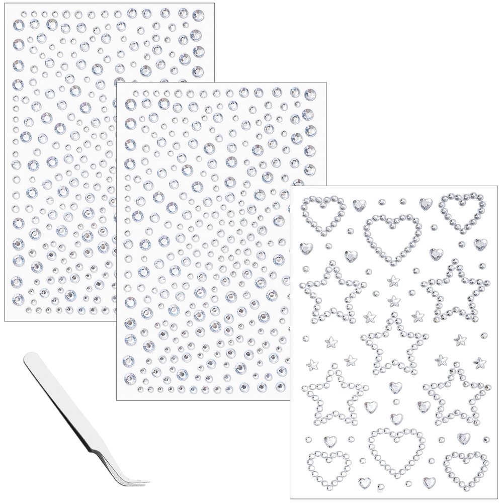 VVPESCA Clear Face Gems Self-Adhesive Hair Jewels, Bling Heart Star Jewels for Makeup, Festival Stick on Gems Rhinestones Stickers, Face Glitter Rave Accessories for Women Girls
