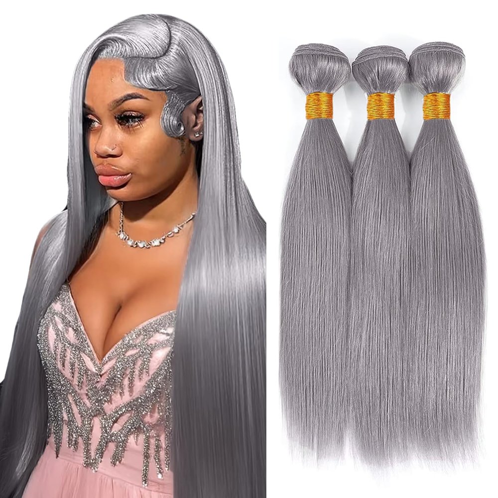 28 30 32 Inch Gray Bundles Straight 3 Bundles Human Hair Brazilian Remy Hair 50 Grams/Bundle 10A Grade Unprocessed Virgin Hairs Silver Grey Color Straight Bundle Weaves Extensions