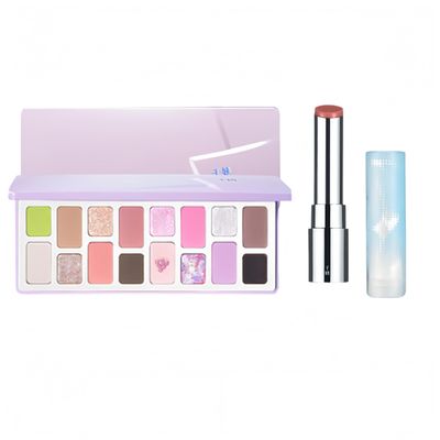 Cheeryep Qianyan Cosmetics Set, Floating Life 16-Color Eyeshadow Palette with True Tone Pigment, Underflow Layer Crystal Film Solid Lip Gloss, Matte Pearl Smoky (M, Eyeshadow + Lipstick)