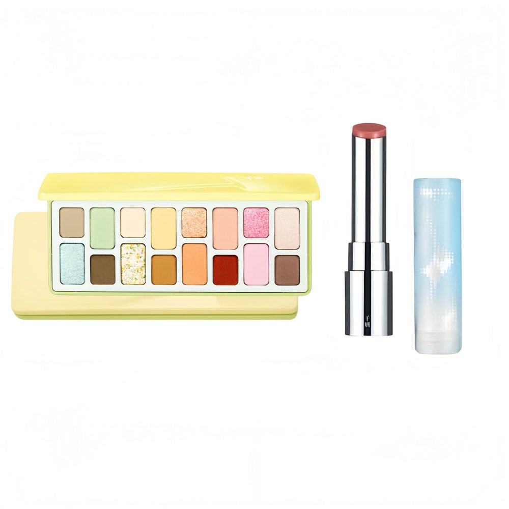 Cheeryep Qianyan Cosmetics Set, Floating Life 16-Color Eyeshadow Palette with True Tone Pigment, Underflow Layer Crystal Film Solid Lip Gloss, Matte Pearl Smoky (J, Eyeshadow + Lipstick)