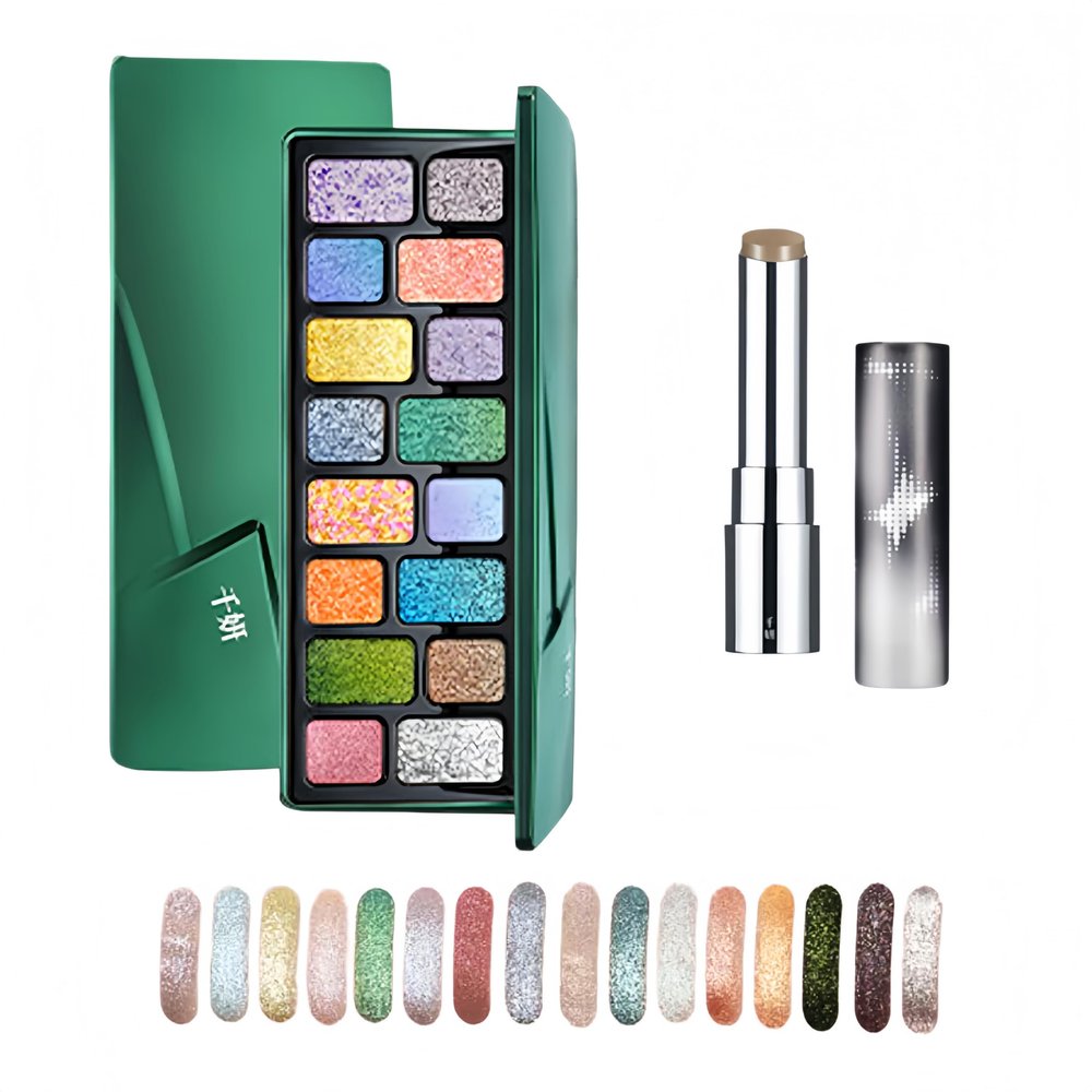 Cheeryep Qianyan Cosmetics Set, Floating Life 16-Color Eyeshadow Palette with True Tone Pigment, Underflow Layer Crystal Film Solid Lip Gloss, Matte Pearl Smoky (N, Eyeshadow + Lipstick)