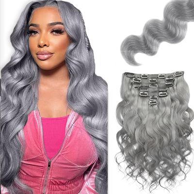 Gray Body Wave Clip in Hair Extensions - 24 Inch Real Remy Silver Human Hair, 120g 7pcs, Grey Body Wave Clip ins Hair Extensions for Women