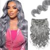 Gray Body Wave Clip in Hair Extensions - 24 Inch Real Remy Silver Human Hair, 120g 7pcs, Grey Body Wave Clip ins Hair Extensions for Women view 1