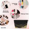 Entemne Golden Black Kanagawa Waves Small Makeup Bag For Women, Waterproof Pvc Leather Travel Cosmetic Organizer Pouch, Portable Train Case Purse For Handbag, Girls Gift view 3