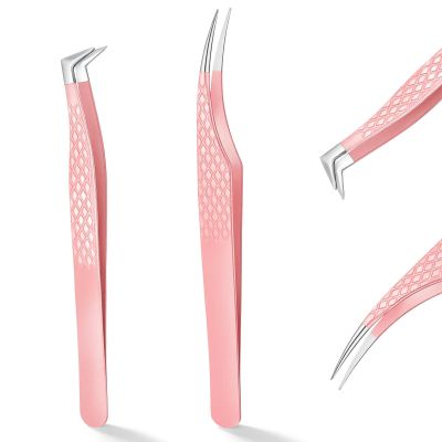 2 PCS Tweezers for Lashes, Pink Lash Tweezer Extensions, Metal Eyelash Tweezer with Diamond Fiber Grip for Volume Classic Eyelash Extension