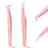 2 PCS Tweezers for Lashes, Pink Lash Tweezer Extensions, Metal Eyelash Tweezer with Diamond Fiber Grip for Volume Classic Eyelash Extension view 1