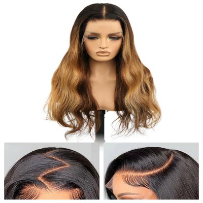 Topunique 13x6 Dark Root Ombre Brown-Blonde with 2 Front Strands Skinlike HD Lace Frontal Wig, 250% Density Pre-Plucked Bleached Knots Loose Wave Human Hair Wig 24 Inch