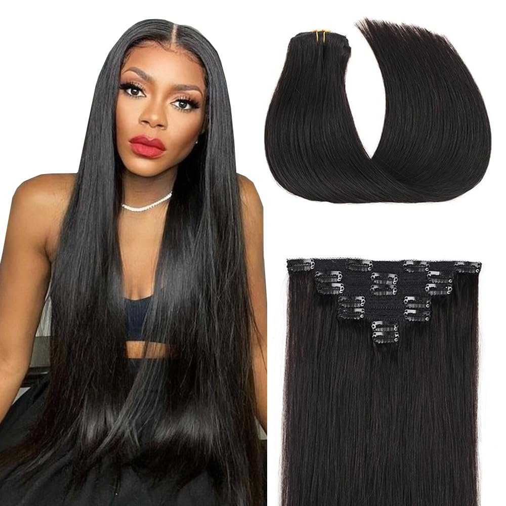 #1B Natural Black Clip in Hair Extensions Human Hair,Color 1B Straight Remy Hair Extensions Clip ins for Women, 24 Inch 120g 7Pcs,Natural Black Human Hair Extension