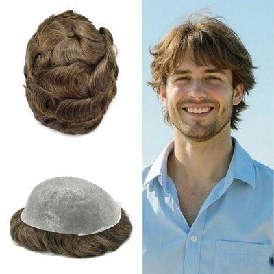 Toupee for Men Real Human Hair Piece All Pu Hair Replacement System for Men Transparent Thin Skin Mens Toupee Hairpiece Natural Hairline #710 Very Light Brown+10% Gray-100% Light to Med-Light 8"x10"