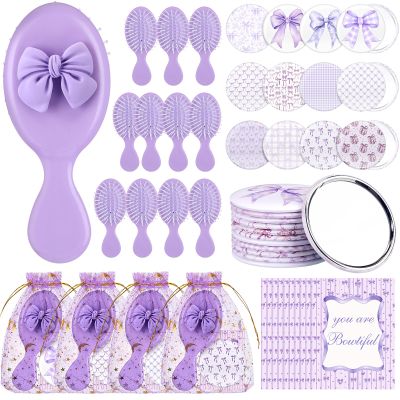48 Pcs Bow Theme Party Favors Gift Mini Hair Brush Mirror,Cute,Purple