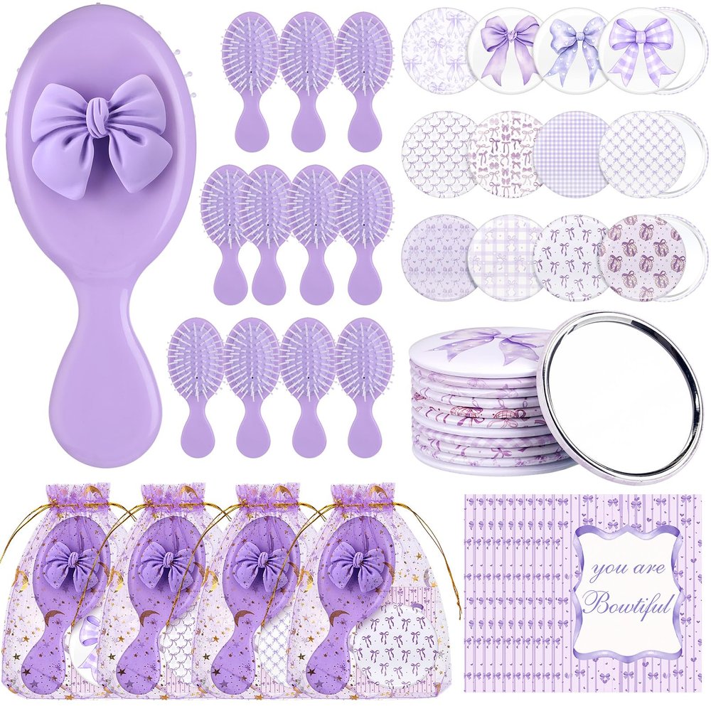 48 Pcs Bow Theme Party Favors Gift Mini Hair Brush Mirror,Cute,Purple
