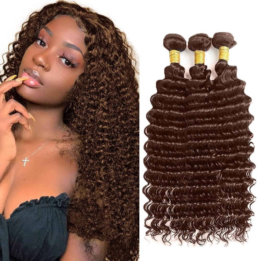 #4 Brown Human Hair Bundle Chocolate Brown Deep Wave Bundle 20 22 24 inch 160g Color #4 Wet and Wavy Bundles Mixed Length 3 Bundles