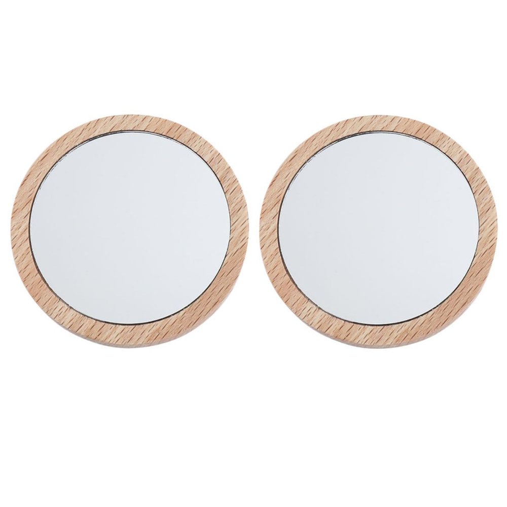 DECHOUS 2pcs Small Round Wood Makeup Mirror Set 7.5cm Pocket Compact Cosmetic Mirror Travel Portable Women Vanity with Beech and Nan Frames