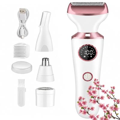 Electric Razor for Women, 4-in-1 Bikini Trimmer & Body Shaver for Face, Legs, Underarms, Pubic Hair, Rechargeable Wet/Dry Painless Hair Removal with LED Light & Travel Lock