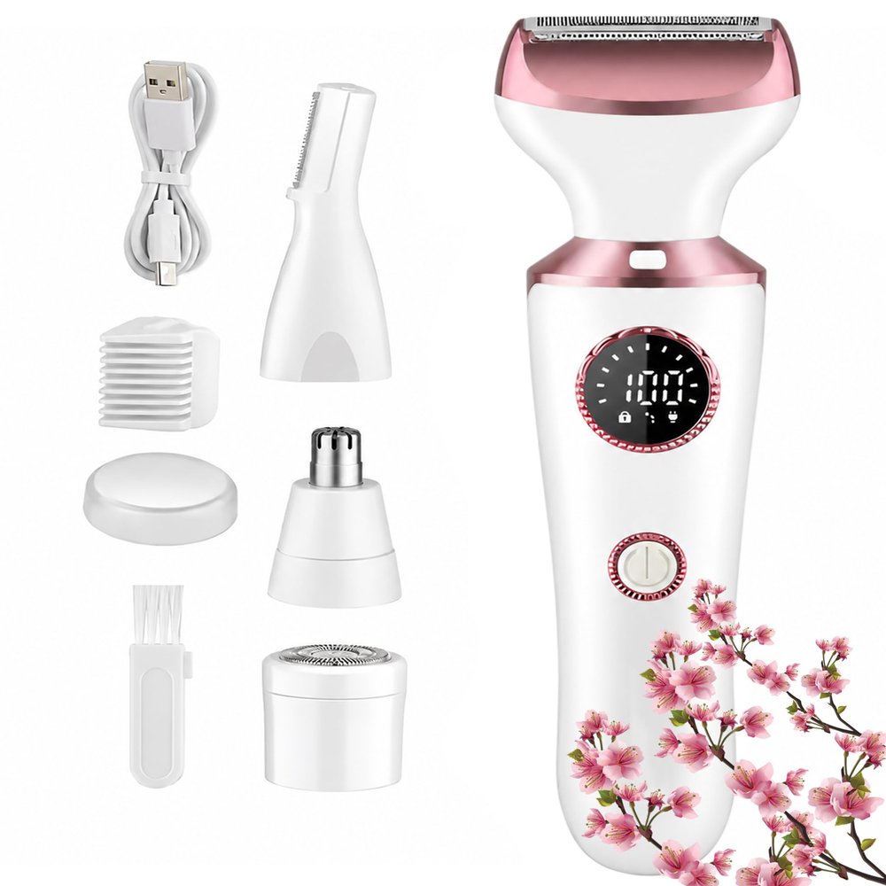 Electric Razor for Women, 4-in-1 Bikini Trimmer & Body Shaver for Face, Legs, Underarms, Pubic Hair, Rechargeable Wet/Dry Painless Hair Removal with LED Light & Travel Lock