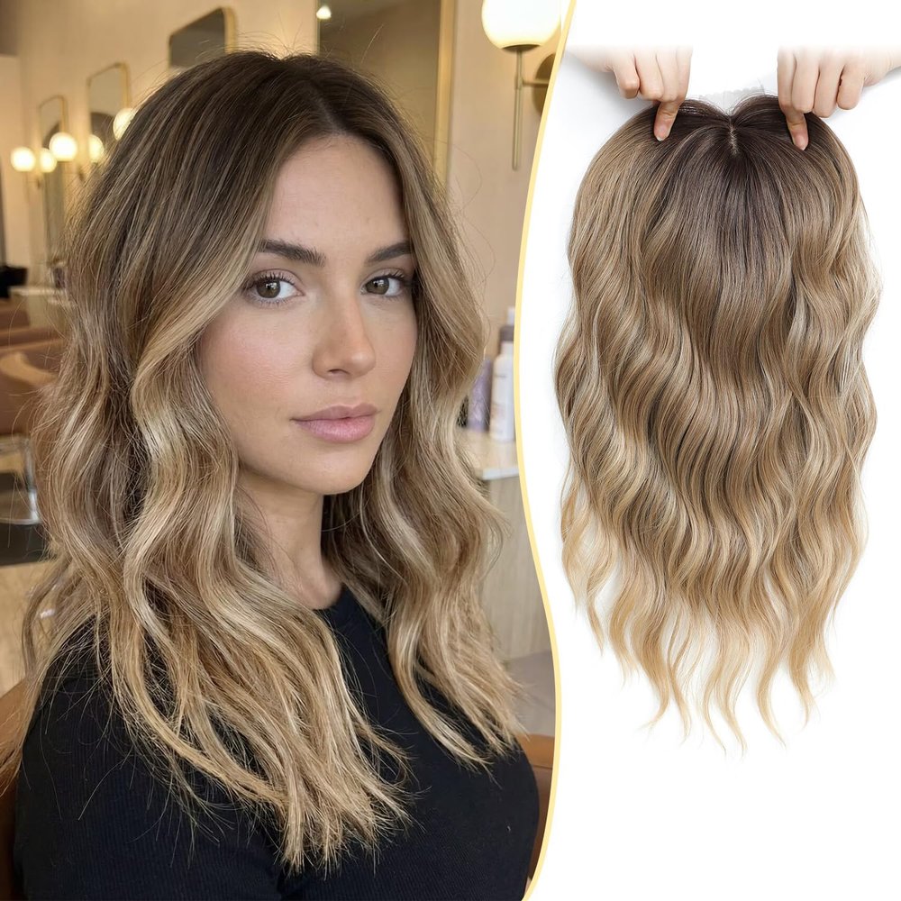 Ms Taj Hair Toppers for Women, 16 Inch Synthetic Blonde Hair Topper, 6.5''x6.5'' Wiglet Hairpiece Adds Volume(Brown Blonde with Dark Roots)