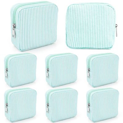 8 Pcs Seersucker Makeup Bag for Purse Cute Zippered Pouches,Lakeblue,Mini