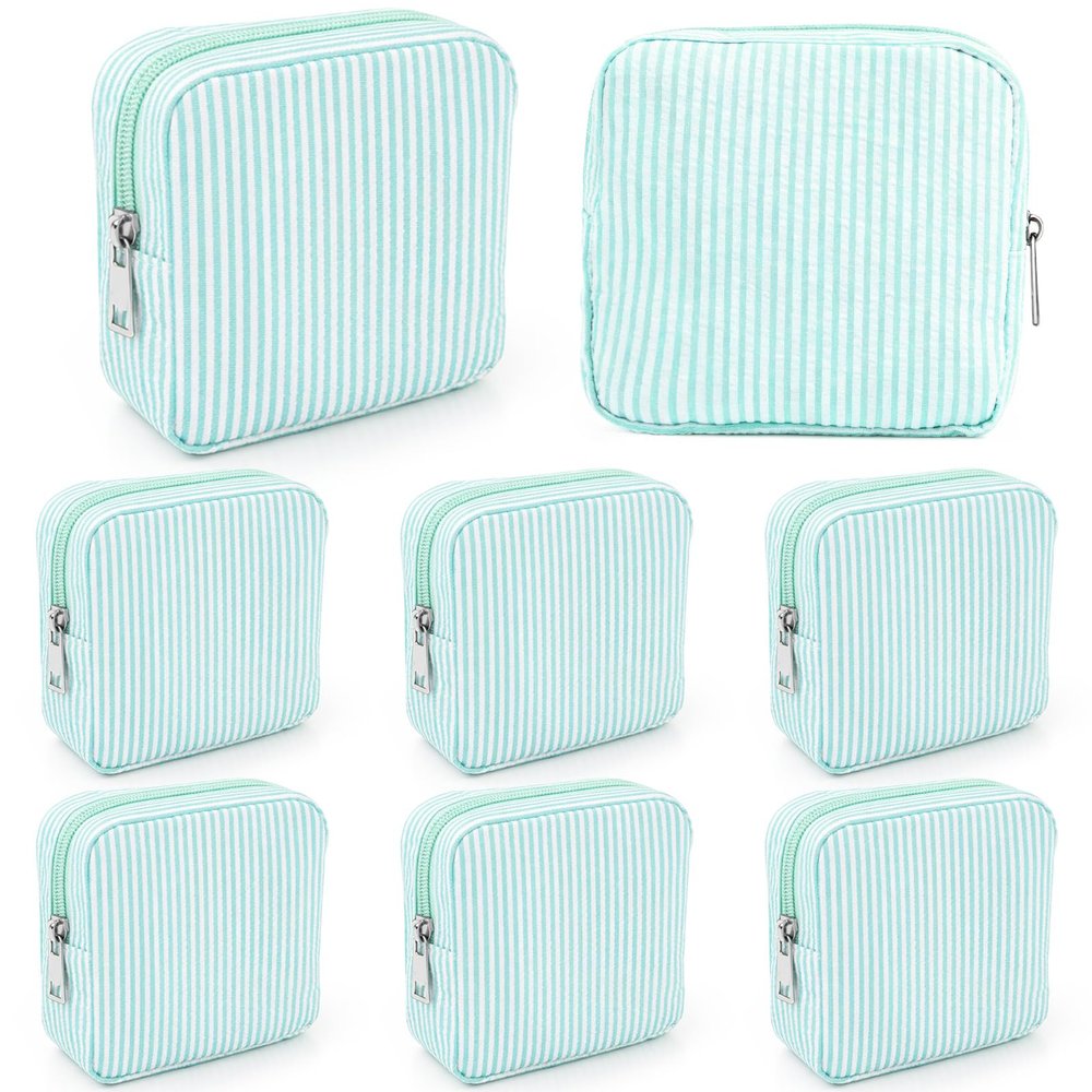 8 Pcs Seersucker Makeup Bag for Purse Cute Zippered Pouches,Lakeblue,Mini